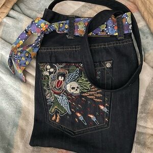 Embroidered Denim Shoulder bag with Colorful Scarf